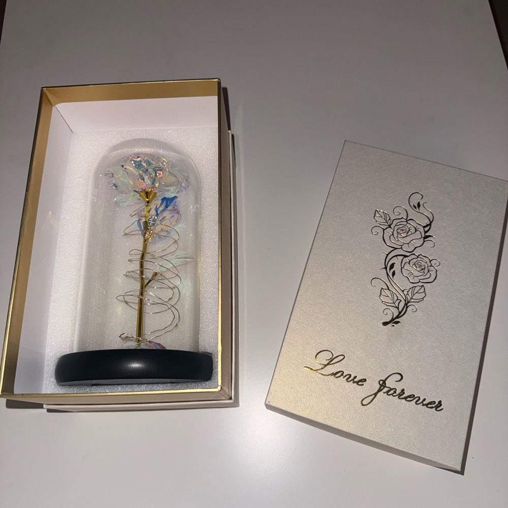 Iridescent Glass Rose Dome with Gold Stem - Home Art